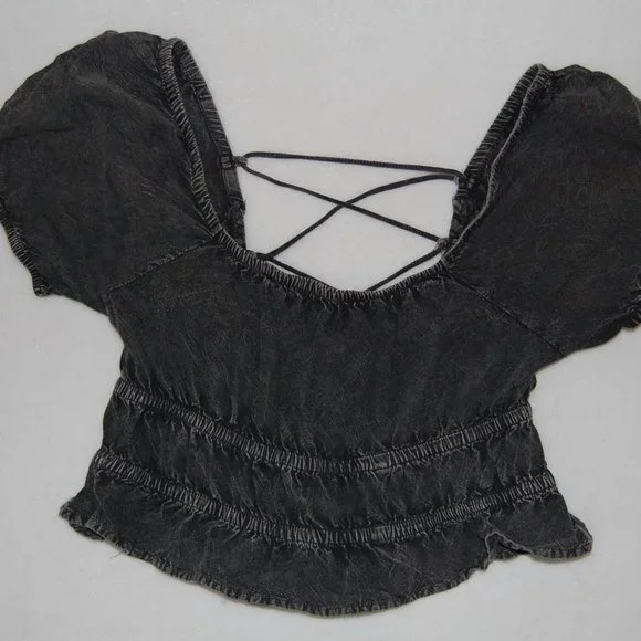 Rebellion Again, Size M, Rayon Crop Top, Strappy Back Off Shoulder, Gray - Picture 7 of 15
